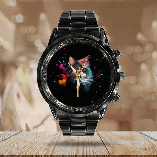 Persian Cat Realistic Animal Portrait Calendar Steel Band Watch