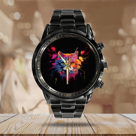 Color Explosion Persian Cat Calendar Steel Band Watch