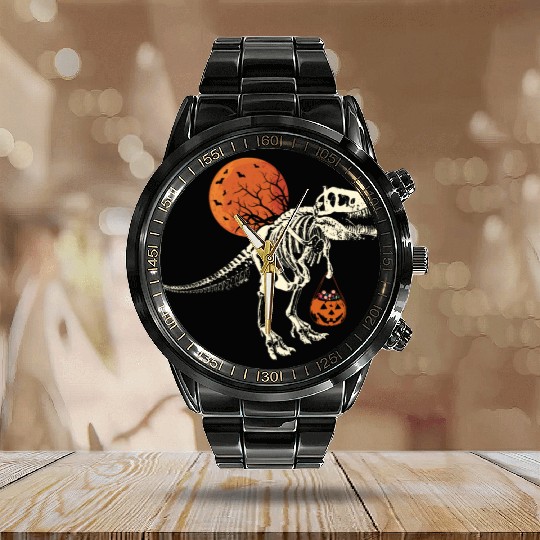 Dinosaur Skeleton Pumpkin Lazy Creepy Halloween Calendar Steel Band Watch