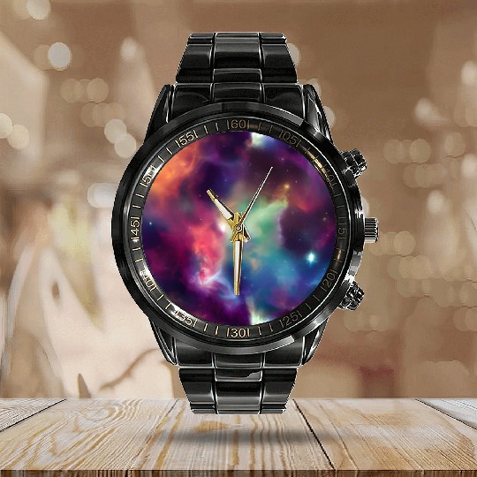 Galaxy nebula abstract design Calendar Steel Band Watch