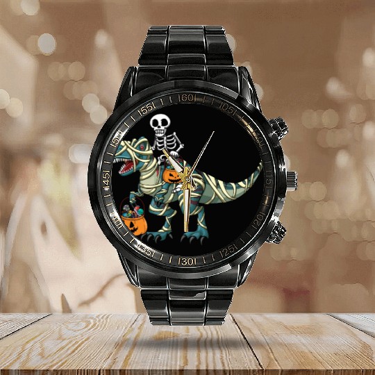 Skeleton Dinosaur Pumpkin Cool Creepy Halloween Calendar Steel Band Watch