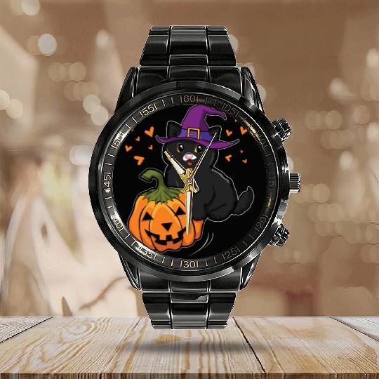 Witch Cat In Pumpkin Cool Creepy Halloween Calendar Steel Band Watch