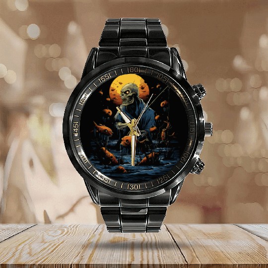 Haunted Fishing Trip Spooky Halloween Angler Calendar Steel Band Watch