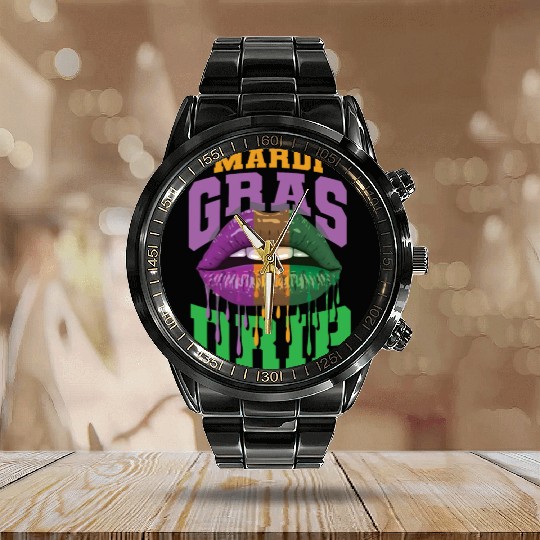 Lips Mardi Gras Drip Calendar Steel Band Watch