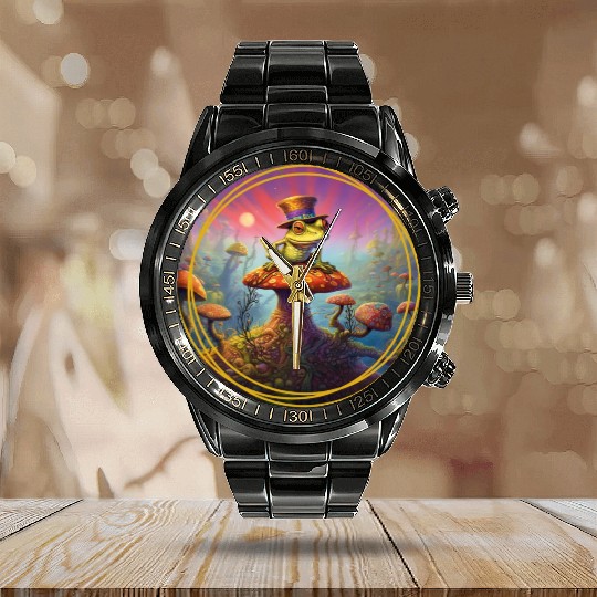 Psychedelic Frog with a Hat Calendar Steel Band Watch