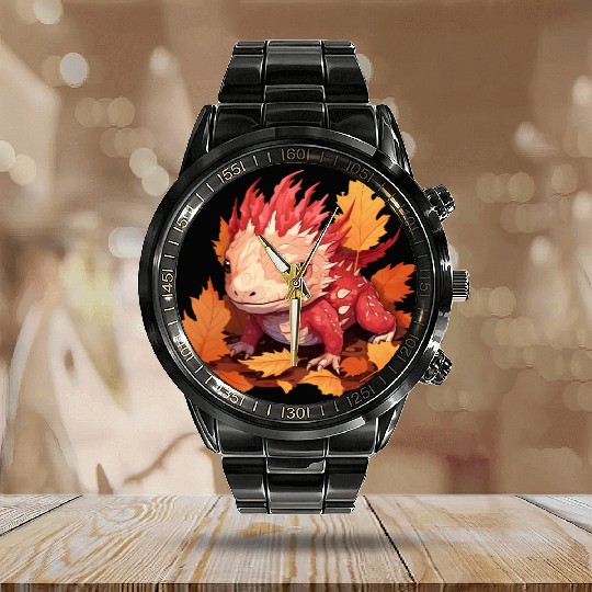 Autumn Axolotl: Colorful Leaves and Dragon Motif Calendar Steel Band Watch