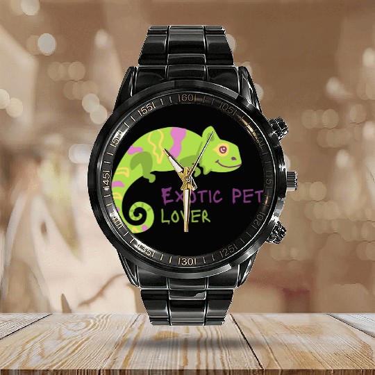 Green Chameleon Lizard Exotic Pet Lover Calendar Steel Band Watch