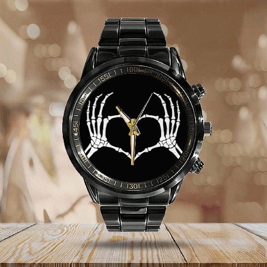 Skeleton Hand Heart Halloween Funny Bones Love Calendar Steel Band Watch