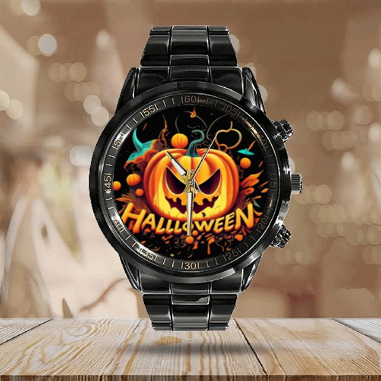 Halloween Autumn Leafs Pumpkin Spooky Design Calendar Steel Band Watch