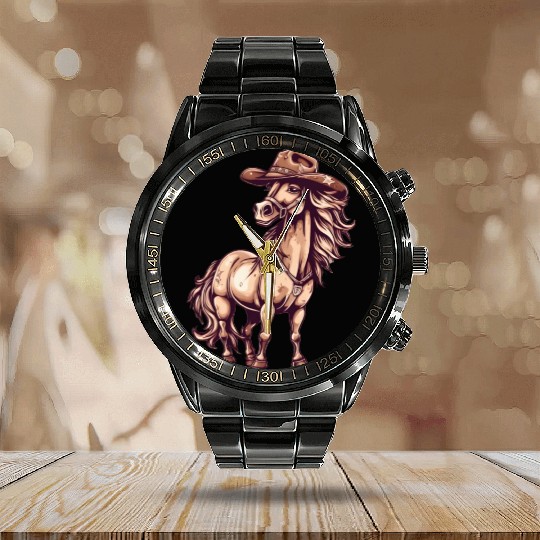 Yieha! Cowboy Horse Calendar Steel Band Watch