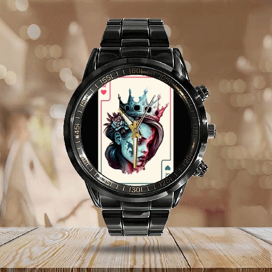 Queen of Hearts Gothic Poker Card Game Halloween Calendar Steel Band Watch