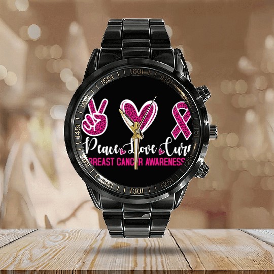 Peace Love Cure Breast Cancer Awareness Calendar Steel Band Watch