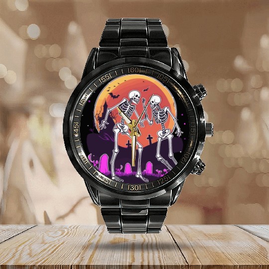 "Skeletal Dance-Off Under Neon Moon" Calendar Steel Band Watch