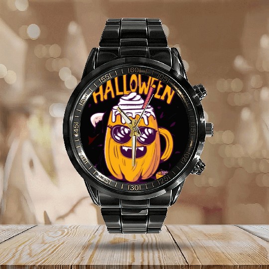 Halloween Funny Pumpkin Lemon Latte Calendar Steel Band Watch