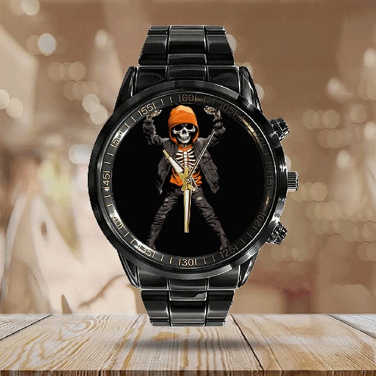 Skeleton in Orange is Dancing with Hands Up Calendar Steel Band Watch