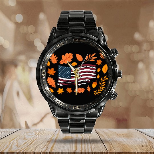 American (USA) Flag in Autumn Leaves | Patriotic Calendar Steel Band Watch