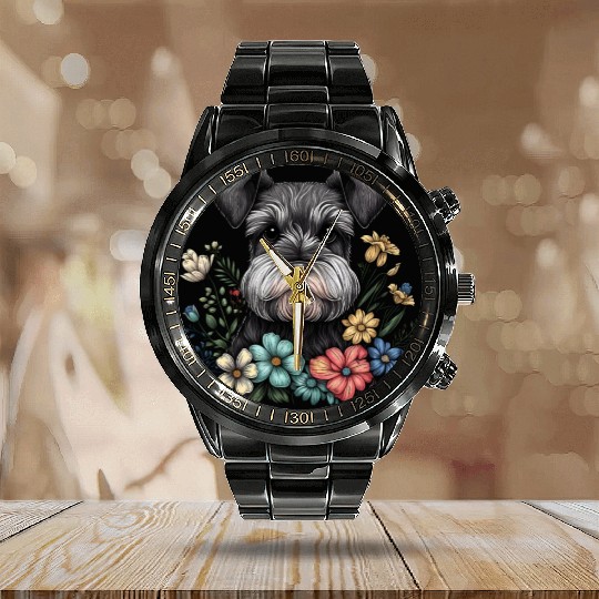Miniature Schnauzer Flower Garden Cute Puppy Dog Calendar Steel Band Watch