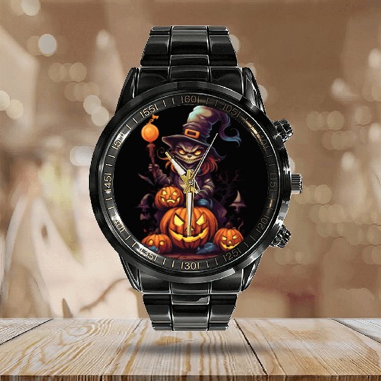 Enchanted Harvest: Witch's Delight amidst Pumpkins Calendar Steel Band Watch