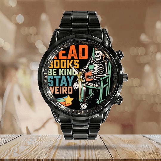 Read Books Be Kind Stay Weird Skeleton Calendar Steel Band Watch