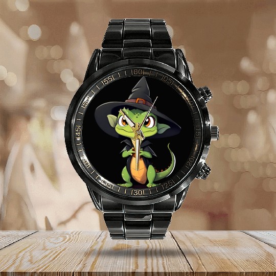 Cute Halloween lizard with a witch hat. Calendar Steel Band Watch
