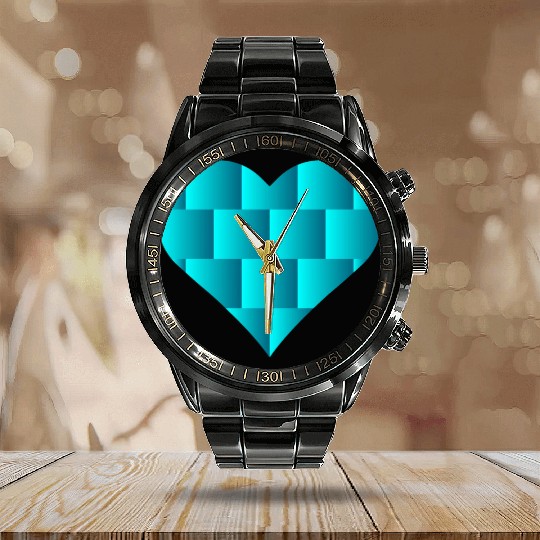 Aqua Blue Cute Heart Icon Calendar Steel Band Watch