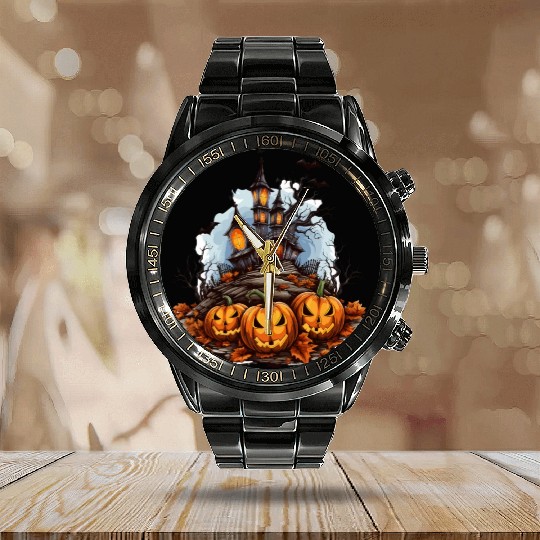 Halloween Pumpkin Bat Spell Haunted House Calendar Steel Band Watch