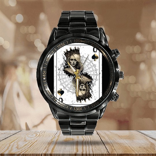 Queen of Spades Gothic Card Game Halloween Creepy Calendar Steel Band Watch
