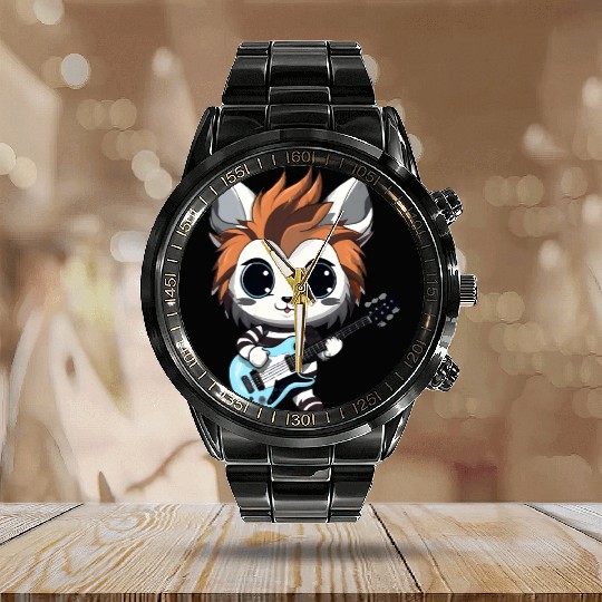 Chibi Zebra Playing Electric Guitar Calendar Steel Band Watch