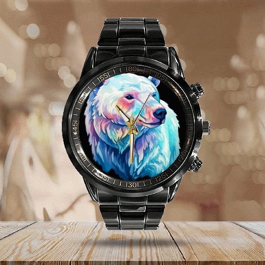 Polar Bear Roar in Winter Wonderland Watercolor Calendar Steel Band Watch