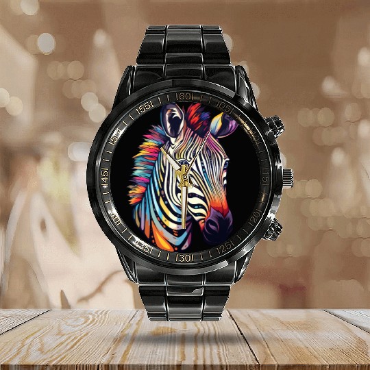 Psychedelic Zebra-Inspired Watercolor Safari Calendar Steel Band Watch
