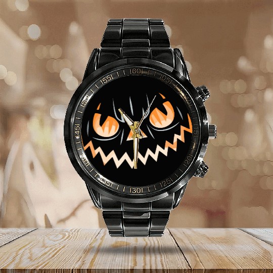 Creepy Jack o Lantern Carved Halloween Pumpkin Calendar Steel Band Watch