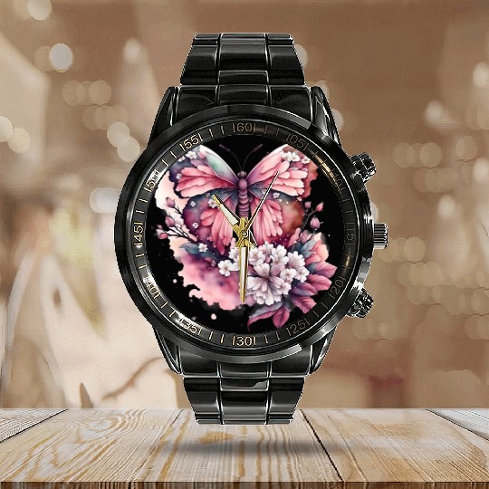 BUTTERFLY FLOWERS WATERCOLOR Calendar Steel Band Watch