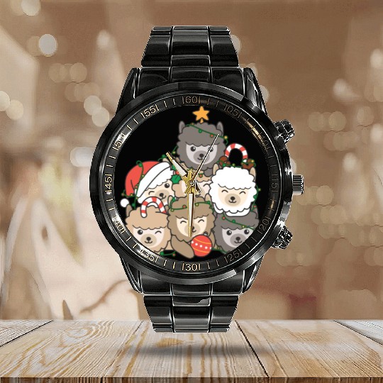 Alpaca Christmas Tree Funny Animal Christmas Calendar Steel Band Watch