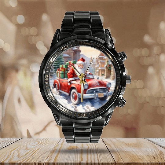 Santa Claus rides in a convertible car Calendar Steel Band Watch