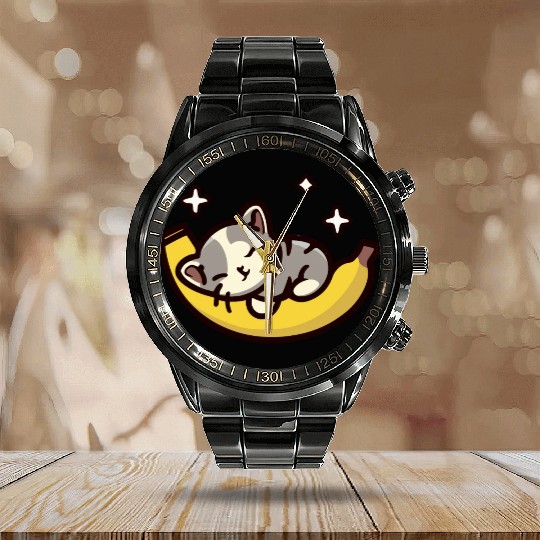 Kitten Sleeping On A Banana Calendar Steel Band Watch