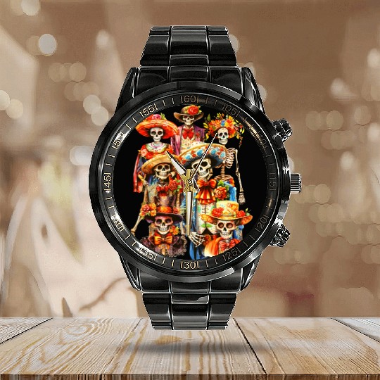 Mexican Holiday Dia de Muertos Skeletons Selfie Calendar Steel Band Watch