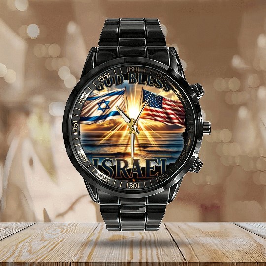 United for Israel God Bless Israel - Promised Land Calendar Steel Band Watch