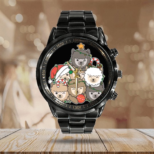 Alpaca Christmas Tree Funny Animal Christmas Calendar Steel Band Watch