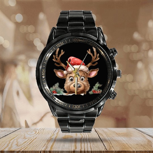 Christmas watercolor Reindeer Calendar Steel Band Watch