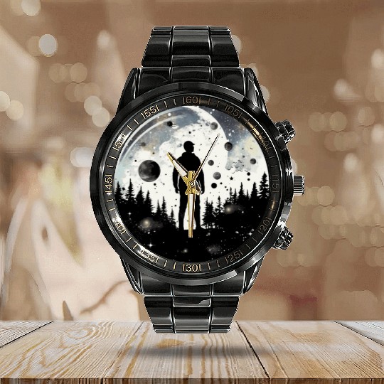 Adventure Enthusiast Nature Hiker Forest and Galax Calendar Steel Band Watch