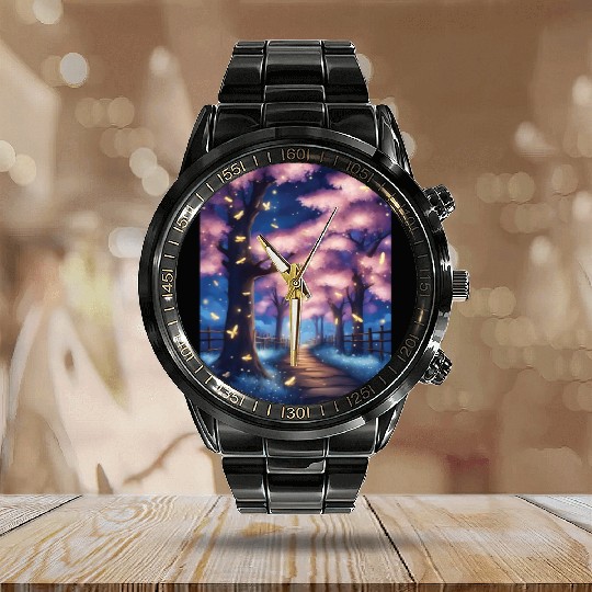 Fireflies In Cherry Blossom Trees Calendar Steel Band Watch