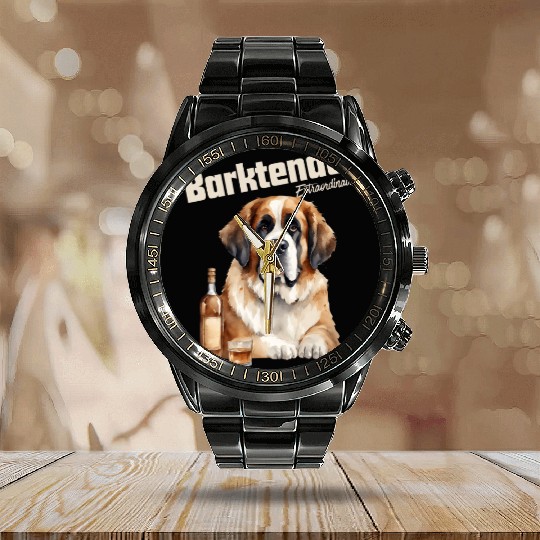 Saint Bernard Dog Barktender Extraordinair Calendar Steel Band Watch