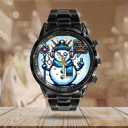 Frosty the Code-man | Cyberpunk Neon Snowman Pixel Calendar Steel Band Watch