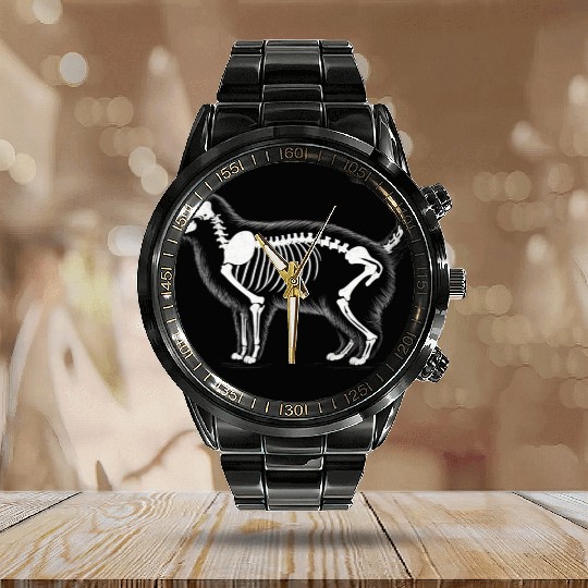 Anatomy of a Cat: Skeleton in Monochrome Calendar Steel Band Watch