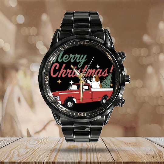 Merry Christmas Saint Bernard Dog Vintage Red Calendar Steel Band Watch