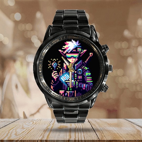 Cyberpunk Elf Neon-Lit Goggles and Digital Key Calendar Steel Band Watch