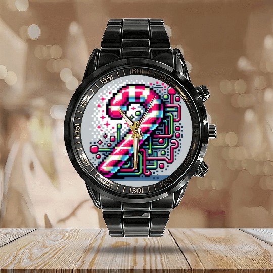Neon Cyberpunk Candy Cane 8-Bit Pixel Christmas Calendar Steel Band Watch