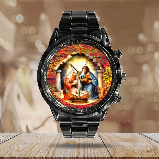 Nativity scene with Mary Joseph Baby Jesus Calendar Steel Band Watch