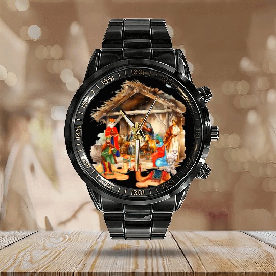 Nativity scene with Mary Joseph Baby Jesus Calendar Steel Band Watch