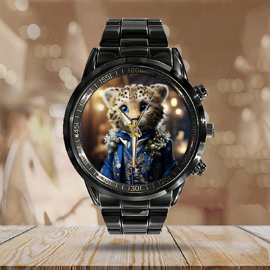 Cute Cheetah Cub Blue Eyes Tuxedo Cat Calendar Steel Band Watch